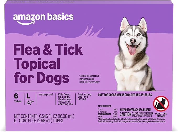 Amazon Basics Preventative Flea and Tick Topical Treatment for Dogs, Large (45-88 lbs), Fast Acting and Long Lasting, 6 Counts, Packaging May Vary