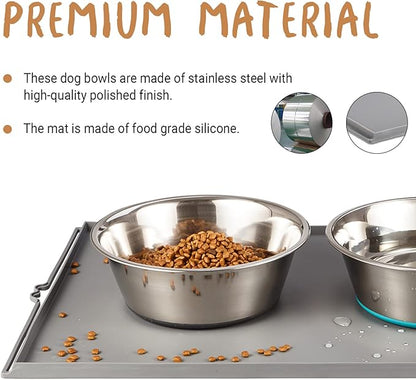 PEGGY11 Deep Stainless Steel Anti-Slip Dog Bowls with Silicone Mat - 2 Bowls + Mat, 8 Cups