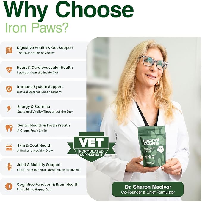 Human-Grade Superfood for Dogs, Premium Greens Powder Supplement for Dental Health, Longevity, Hip & Joint, Gut Health, Allergies, Immune Support, Skin & Coat - Peanut Butter - 3.5 oz