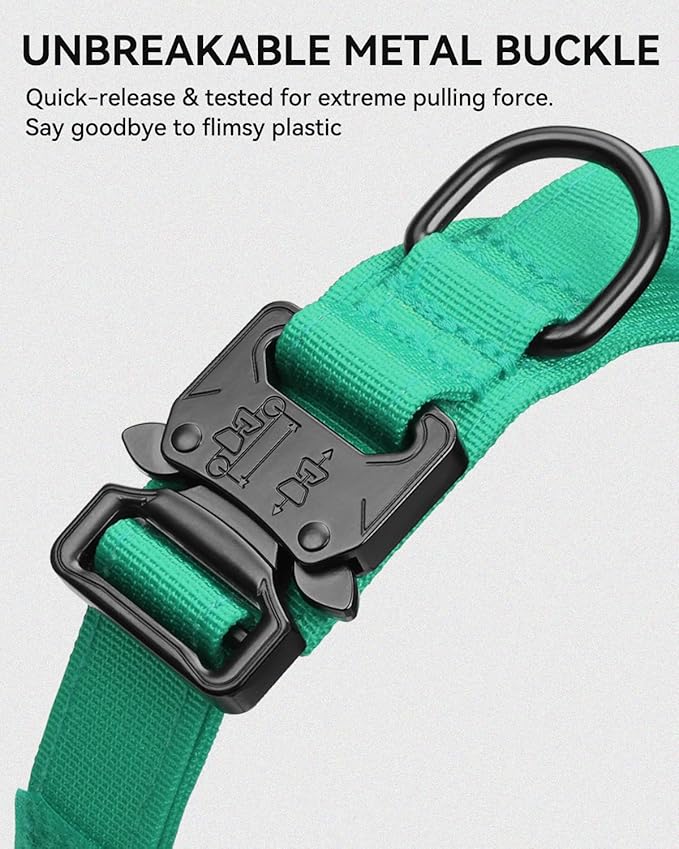 Joytale Tactical Dog Collar with Handle and Metal Buckle, Heavy Duty Padded Military Collar with 2 Patches for Training, Adjustable for Medium Dogs, Teal, M