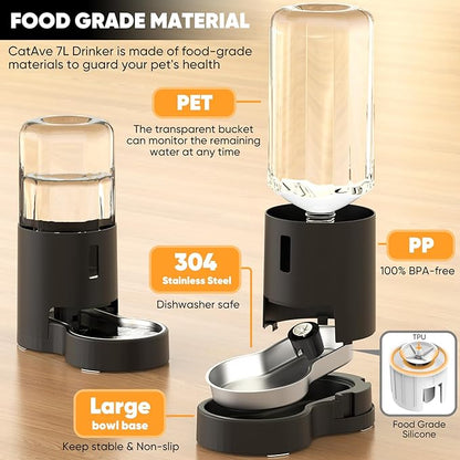 7L Automatic Dog Water Dispenser Bowl, Gravity Pet Water Dispenser with Stainless Steel Bowl, No Spilling Large Capacity Water Feeder for Dogs Cats (7L Without Filter Black)