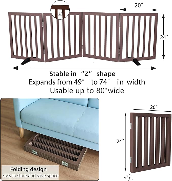 Dog Gate Indoor, Freestanding Dog Fence for The House, Doorways, Hallways,or Stairs,Pet Gate Foldable Wooden,Expandable 24" Height 4 Panels,Brown