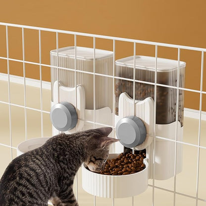 Hanging Cage Automatic Small Pet Food Bowl Water Bottle Dispenser, 1L Auto Gravity Pet Feeder and Waterer Set Kennel Feeding Station Crate Feeder Dish for Rabbit Puppy Cats Ferret (Grey)