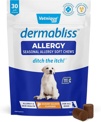 Vetnique DermaBliss Dog Allergy Chews for Seasonal Allergy Itch Relief, Skin & Gut Health with Probiotics and Omega 3 Blend - Advanced or Regular Strength (30ct, Regular Strength Chews)