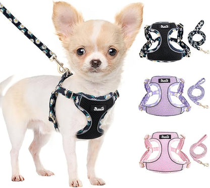 Lukovee No Pull Puppy Harness and Leash Set - Soft Lightweight Escape Proof Puppy Vest Harness, Breathable Adjustable Pet Harness with Dog Leash for Small Dogs (Black, S)