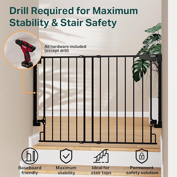 Cumbor 29.2–43" Baby Gate for Stairs, Wall-Mounted (Drill Required), Expandable No Bottom Bar Dog Gate, Auto Close Extra Wide Walk Thru, Pet & Toddler Proof Gate, Top & Bottom of Stairways(Black)