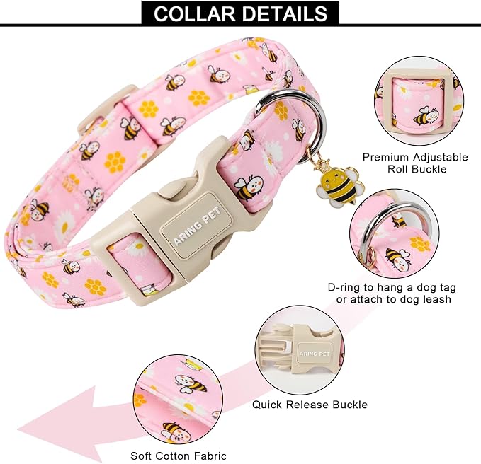 ARING PET Summer Dog Collar, Cute Pink Bee Daisy Floral Pet Collars with Quick Release Buckle for Puppy Small Medium Large Boy Girl Dogs-L