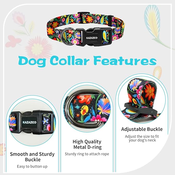 Kazazoo Dog Collar Cute and Soft Nylon Puppy Collar for Boy and Girl, Adjustable Dog Collars for Medium Large Dogs, Tropical-L