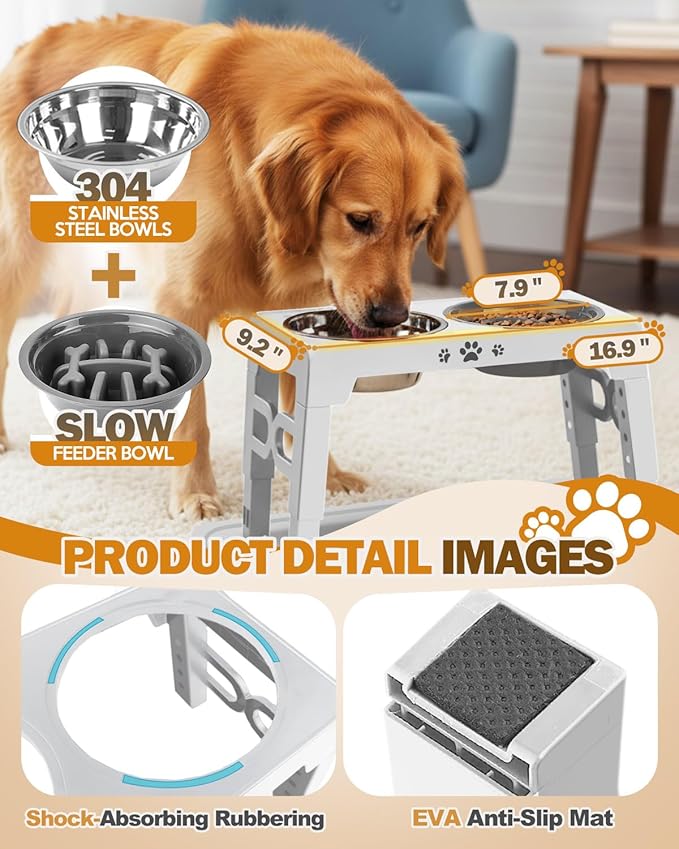 Jovrun Elevated Dog Bowls for Medium Size Dogs with Mat, Non-Slip Dog Feeder with 1*Stainless Steel Dishes & 1*Slow Feeder Bowl, 5 Heights Adjustable Raised Bowls for 3.15″-8.66″-9.84″-11.02″-12.2″