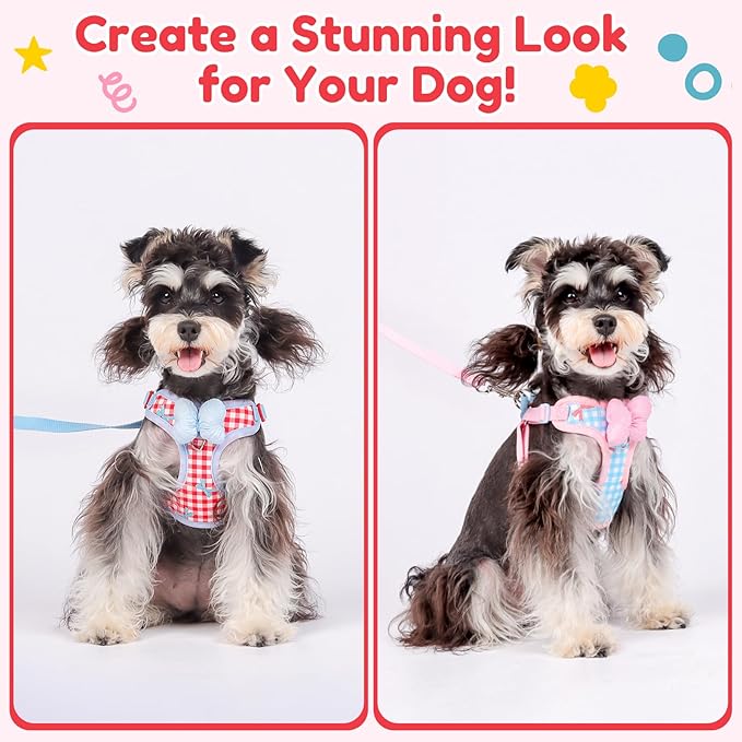 Coppthinktu Dog Harness for Small Sized Dogs, Puppy Cat Harness with Leash Set No Pull Dog Harness Adjustable Reflective Step-in Pet Vest Harnesses with Cute Bow Soft Padded Outdoor Walking