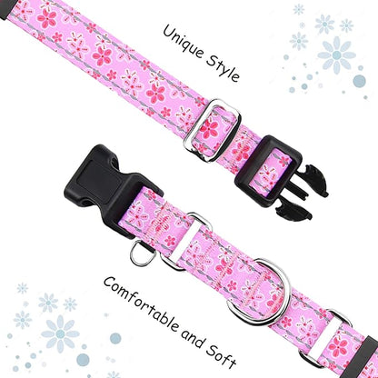 Reflective Martingale Collar for Dogs with Quick Release Buckle Cute Girl Female Flower Dog Collars (Pink Floral, Large)