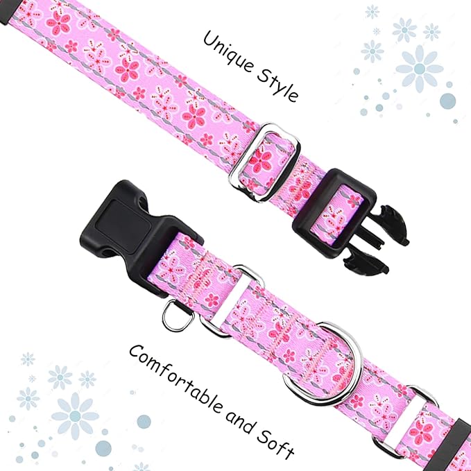 Reflective Martingale Collar for Dogs with Quick Release Buckle Cute Girl Female Flower Dog Collars (Pink Floral, Medium)