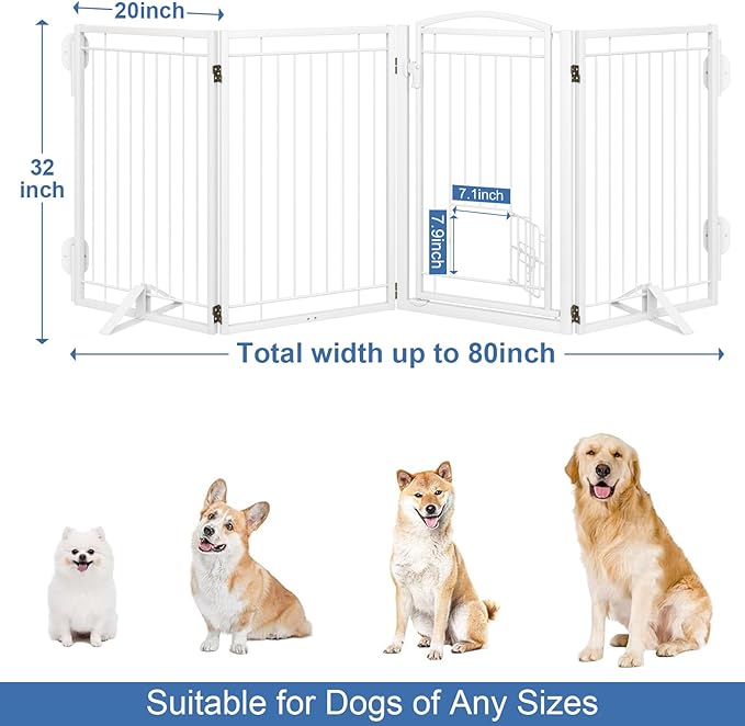 Metal Freestanding Dog Gate with Cat Door for Indoor/Outdoor,80" Extra Wide Foldable Pet Gate,32" Tall Foldable Indoor Dog Fence for Large Openings Stairs,Deck,Yard,Doorways(4 Panels,White)