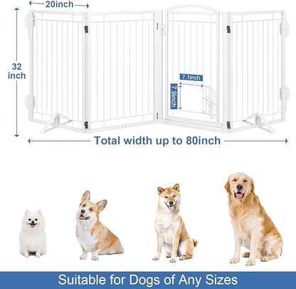 Metal Freestanding Dog Gate with Cat Door for Indoor/Outdoor,80" Extra Wide Foldable Pet Gate,32" Tall Foldable Indoor Dog Fence for Large Openings Stairs,Deck,Yard,Doorways(4 Panels,White)
