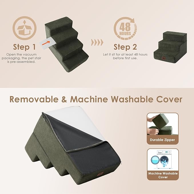 EHEYCIGA Dog Stairs for Small Dogs 13.5" H, 3-Step Dog Steps for Couch Sofa and Chair, Pet Steps for Medium Cats, Non-Slip Balanced Pet Ramp Indoor, Military Green