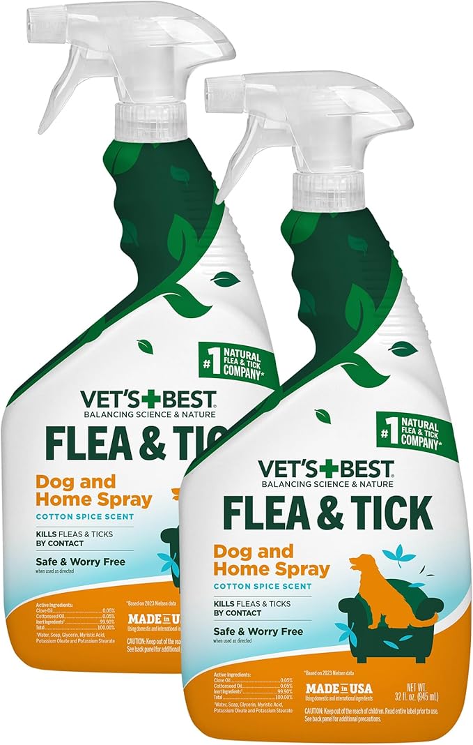 Vet's Best Natural Indoor Flea and Tick Spray – Dog Flea and Tick Treatment for Home, Plant-Based Formula with Natural Oils, Kills Fleas, Eggs & Ticks on Contact, USA Made, Cotton Spice, 32 oz, 2-Pack