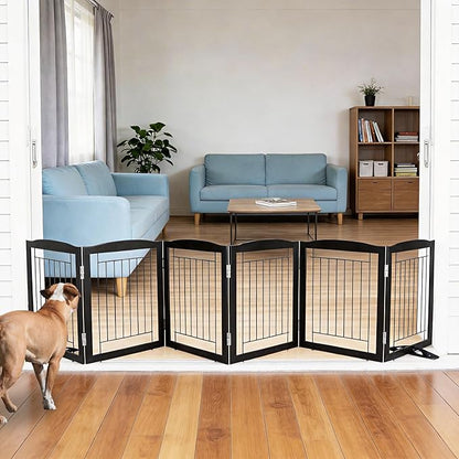 ZJSF Freestanding Dog Fence Indoor, Foldable Dog Gate for Doorways, Stairs or Hallways, Sturdy Wood Extra Wide Pet Gate with Support Feet for The House, Black, 24 "Height-6 Panels