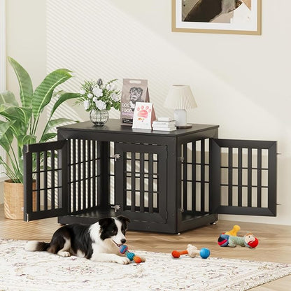 Snuowu 38" Heavy Duty Dog Crate Furniture for Small,Medium and Large Dogs,Rustic Wooden Dog Cage Kennel Indoor Furniture with Waterproof Top,Decorative Pet House Side End Table (Black)