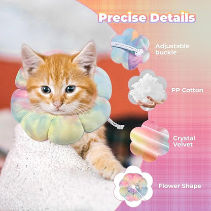 Flower Cat Cone, Uadonile Adjustable Cat Cone Collar, Soft Dog Elizabethan Collar Recovery E Collar After Surgery, Recovery E-Collar for Kittens/Puppies and Cats Recovery(Tie-dye Pink Blue, S)