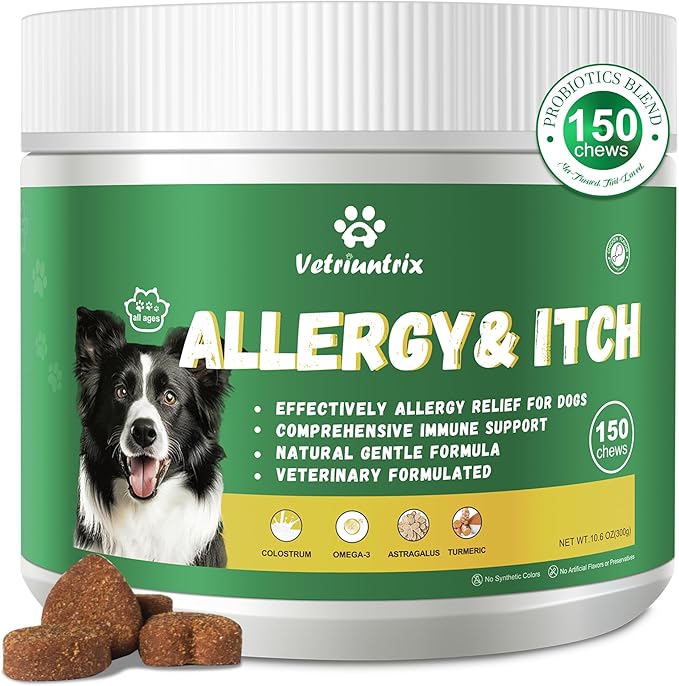 Dog Allergy Chews, Dog Itch Relief Chews for Paw Licking Itchy Skin, Probiotics with Omega-3 Turmeric Astragalus for Large Dogs Coat Immune Supplement-150ct