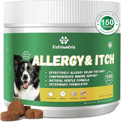 Dog Allergy Chews, Dog Itch Relief Chews for Paw Licking Itchy Skin, Probiotics with Omega-3 Turmeric Astragalus for Large Dogs Coat Immune Supplement-150ct