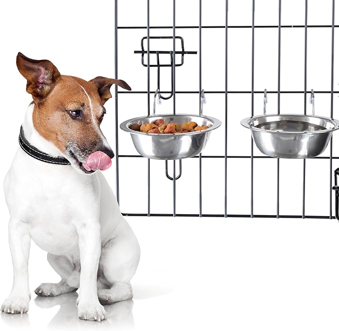 Set of 2 Stainless-Steel Dog Bowls - Cage, Kennel, and Crate Hanging Pet Bowls for Food and Water - 8oz Each and Dishwasher Safe by PETMAKER, Silver