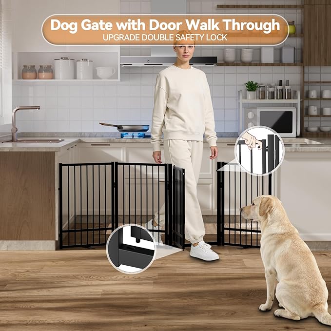 SNUOWU Full Metal Freestanding Dog Gate with Door, 32''Height Foldable Pet Dog Fence for Indoor & Outdoor, 4 Panels Extra Wide Free Standing TallDog Gates for Doorways,House,Stairs,Porch,Deck,Yard
