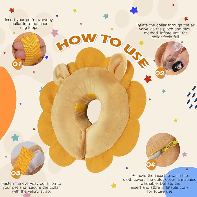 IEUUMLER Inflatable Recovery Dog Collar, Protective Donut Cone, Adjustable Soft Collar for Dog and Cat After Surgery Prevent from Biting & Scratching EU002 - Brown Lion XL