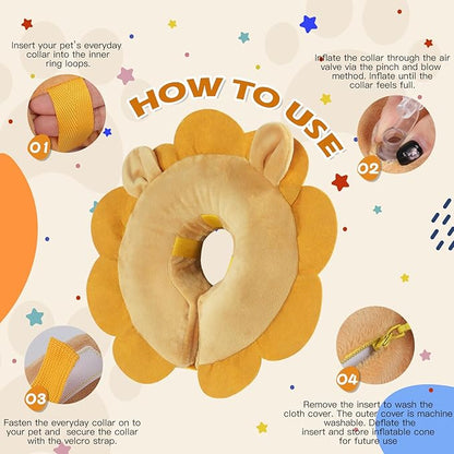 IEUUMLER Inflatable Recovery Dog Collar, Protective Donut Cone, Adjustable Soft Collar for Dog and Cat After Surgery Prevent from Biting & Scratching EU002 - Brown Lion XL