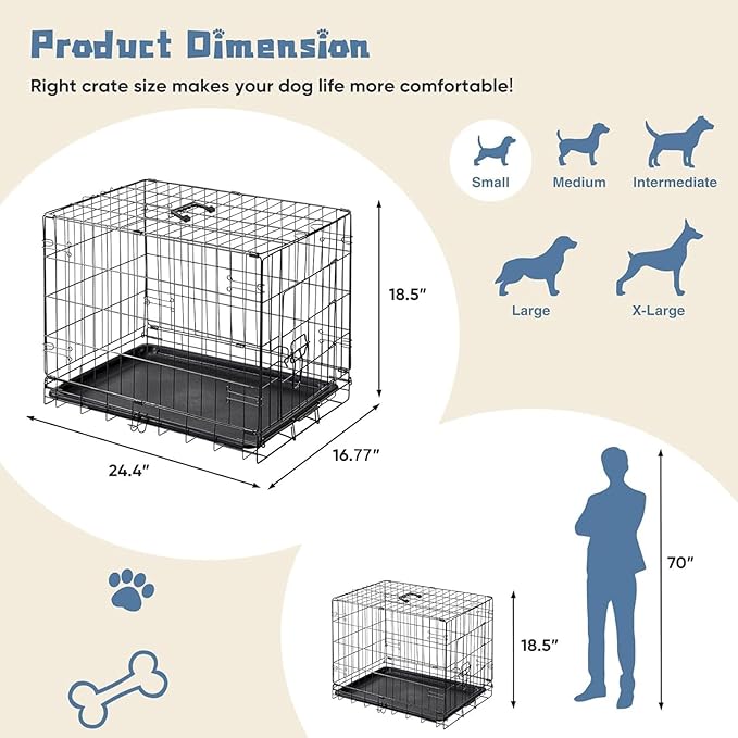 DUMOS Dog Crate, 24 Inch Small Single Door Dog Cage with Plastic Leak-Proof Pan Tray, Folding Metal Wire Pet Kennel for Indoor, Outdoor, Travel