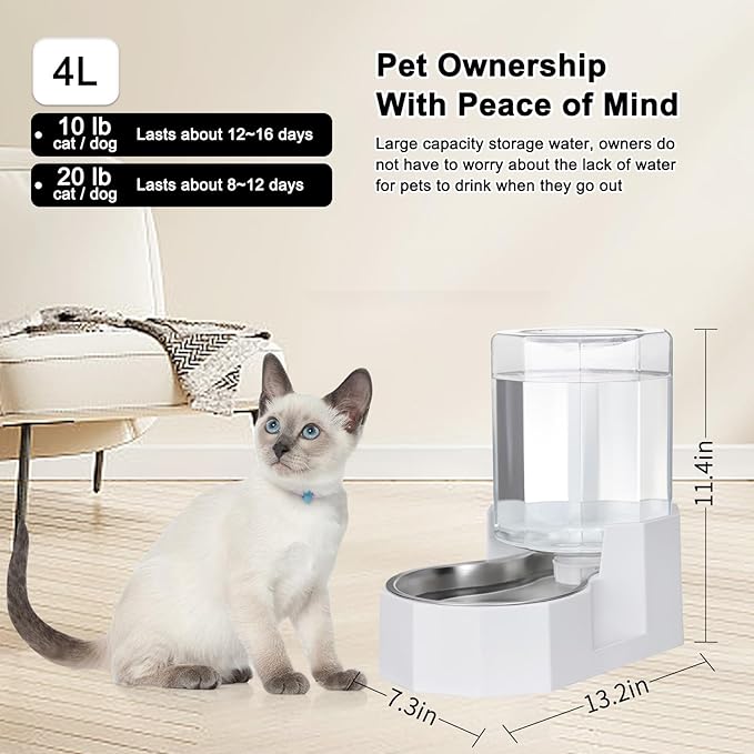Sfozstra Large Dog Water Dispenser: 4L Stainless Steel Gravity Cat Water Feeder - Quiet Refill - No Power Needed - for Kittens & Cats - Bedroom/Kitchen Corner/Crate Area