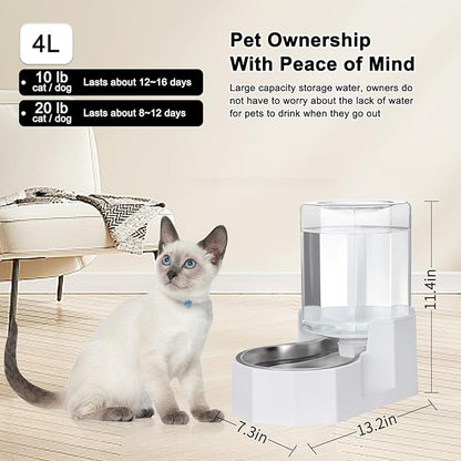 Sfozstra Large Dog Water Dispenser: 4L Stainless Steel Gravity Cat Water Feeder - Quiet Refill - No Power Needed - for Kittens & Cats - Bedroom/Kitchen Corner/Crate Area