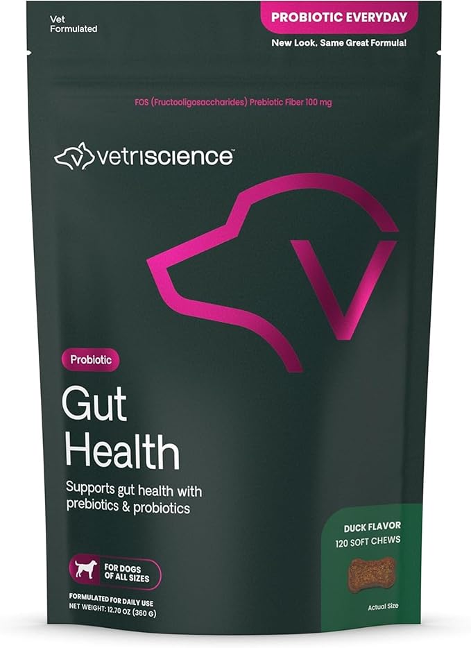 VetriScience Gut Health Chews, Probiotic Everyday Digestive Supplement for Dogs, Pet Probiotics for Digestion Support, Gas and Diarrhea, Immune Support, 1 Billion CFU Per Chew, Duck, 120 Count