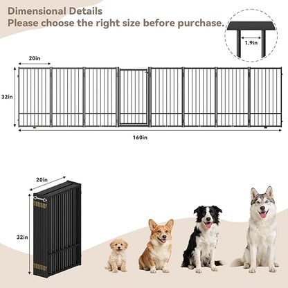 SNUOWU Full Metal Freestanding Dog Gate with Door, 32''Height Foldable Pet Dog Fence for Indoor & Outdoor, 8 Panels Extra Wide Free Standing TallDog Gates for Doorways,House,Stairs,Porch,Deck,Yard