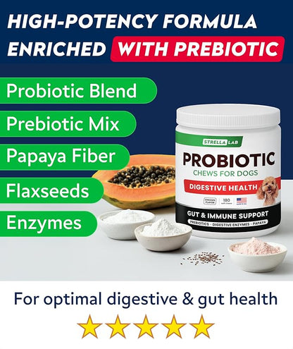 STRELLALAB Dog Probiotics Chews + Enzymes Gut Health Support - Anti Gas, Diarrhea and Upset Stomach Immune Supplement - Digestion Treats with Fiber (180Ct, Chicken)