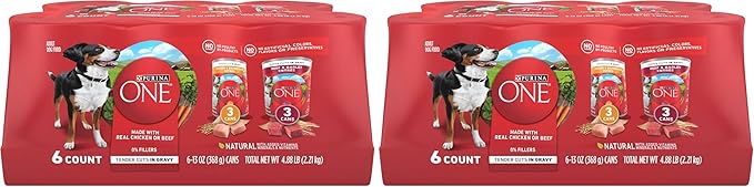 Purina ONE Tender Cuts in Gravy Chicken and Brown Rice,and Beef-and Barley Entrees Wet Dog Food Variety Pack - 13 oz. Cans,(Pack of 4)