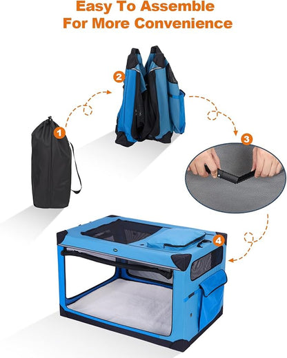 Ownpets 48 inch XXL Collapsible Dog Crate for Large Dogs, Portable Travel Dog Crate, 4-Door Foldable Pet Kennel with Durable Mesh Windows and Soft Mat, Blue