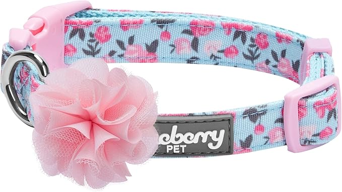 Blueberry Pet Made Well Cute Floral Print Adjustable Dog Collar in Light Blue with Pink Artificial Silk Flower, Large, Neck 18"-26"