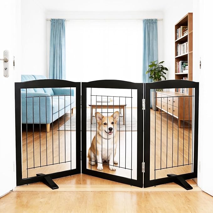 ZJSF Freestanding Dog Fence Indoor, Foldable Dog Gate for Doorways, Stairs or Hallways, Sturdy Wood Extra Wide Pet Gate with Support Feet for The House, Black, 32 "Height-3 Panels