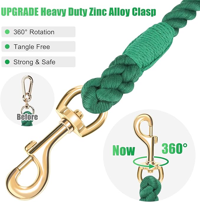 Dog Leash 6 FT Handmade Braided Cotton Rope Leashes for Small Medium and Large Dogs, New Golden Heavy Duty Metal Clasp, Dark Green