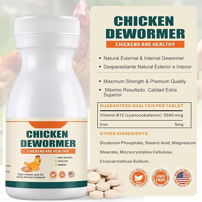 Miguelina Dewormer for Chickens and Poultry, Natural Formula, Vitamin for Roosters Turkeys, Safe for Laying Hens, 120 Tablets