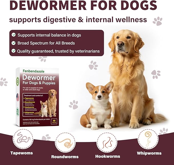 Dog Dewormer for Dogs & Puppies, Fenbendazole All Wormers Tablets for Tapeworms, Roundworms, Hookworms & Whipworms, 48 Count