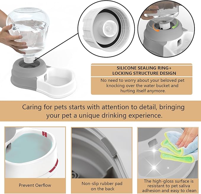 STALTWO 1 Gallon Automatic Dog Water Dispenser, Large Capacity Gravity Pet Water Bowl for Multiple Pets, BPA-Free Cat Water Feeder for Large Dogs, Refill Less Often, Grey