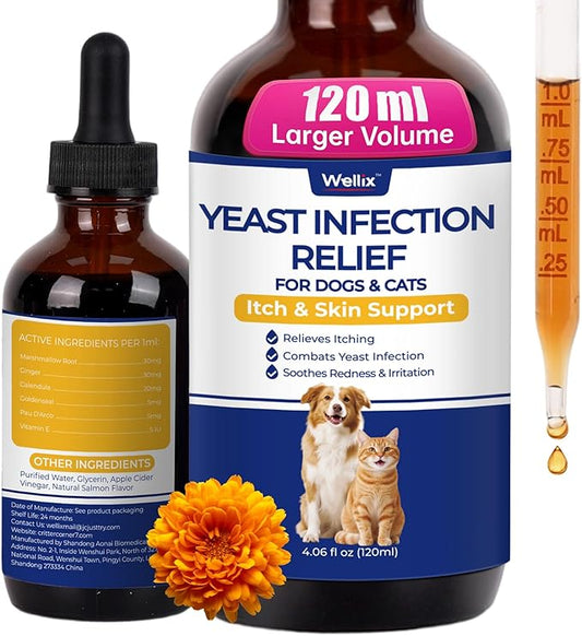 Wellix 120ml Yeast Infection Treatment for Dogs & Cats - Supports Itch,Allergy,Inflammation Relief & Immune Health - Natural Dog Ear Yeast Infection Treatment - Salmon Flavor