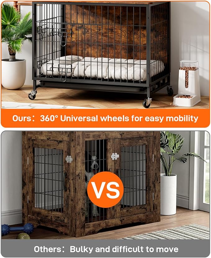 Furniture Style Dog Crate With Removable Tray and Wheels, 2024 New Heavy-Duty Double-Doors Cage End Table, 27.2" Wooden Kennel, Indoor House for Large Dogs, Brown