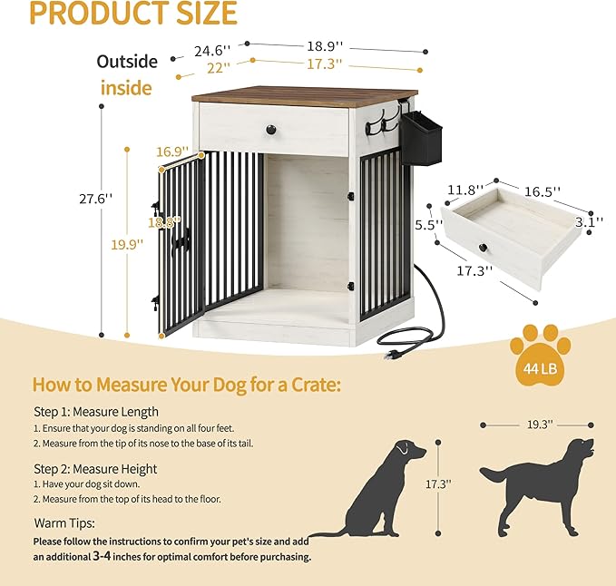 Hzuaneri 24.6'' Dog Crate Furniture with Charging Station, Dog Kennel Indoor with Flip-Top Storage, Wooden Pet Cage Dog House End Side Table for Small Dogs Anti-Chew Anti-Escape, White Brown DFC90114B