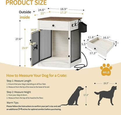 Hzuaneri 24.6'' Dog Crate Furniture with Charging Station, Dog Kennel Indoor with Flip-Top Storage, Wooden Pet Cage Dog House End Side Table for Small Dogs Anti-Chew Anti-Escape, White Brown DFC90114B