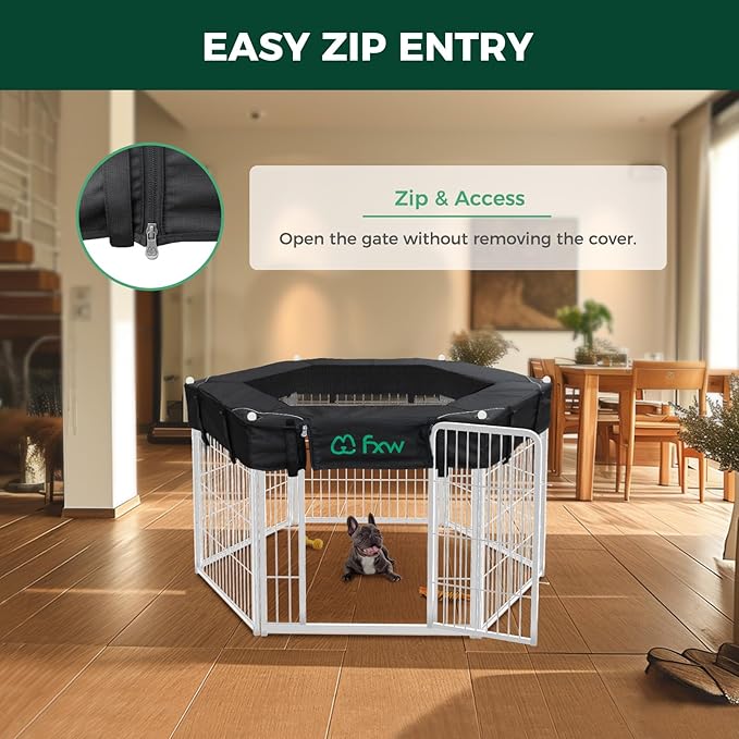 FXW Homeplus Indoor Dog Playpen with Hexagon Mesh Top Cover for Escape Prevention, 40 Inch 6 Panels Heavy Duty Dog Pen for Medium and Large Dogs, White│Patented