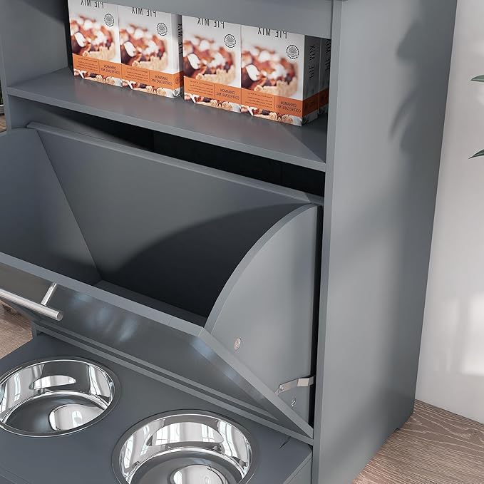 PawHut Dog Feeding Station with Raised Bowls & Storage Cabinet, Pet Feeder Cabinet Container with Hanger for Feeding & Watering Supplies, Dog Food Organizer, Gray