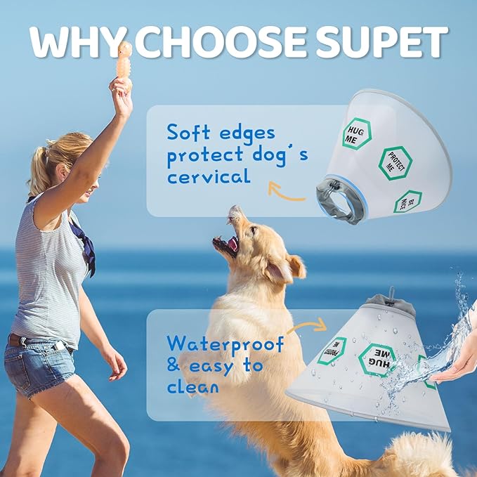 Supet Dog Cone Collar After Surgery to Stop Licking: Adjustable Recovery Elizabeth Collar Alternative for Large Medium Small Dogs, Plastic Pet Head Neck Cone (XL)